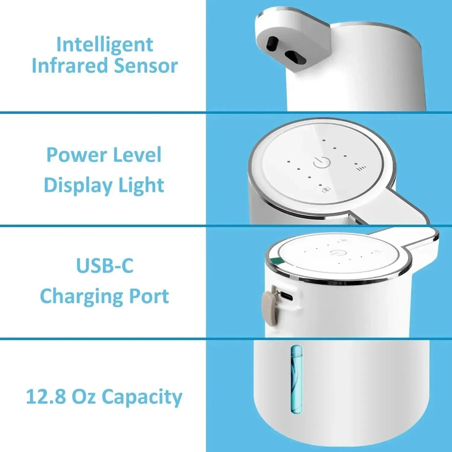 Infographic highlighting USB charging, 380ML capacity, 4 foam levels, and waterproof design.
