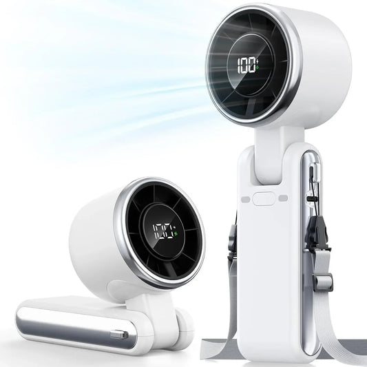 USB-rechargeable mini handheld turbo fan with digital display, lanyard, and folding stand