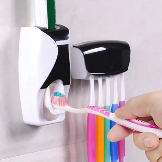 Wall-mounted toothbrush station with toothpaste dispenser for an organized family bathroom
