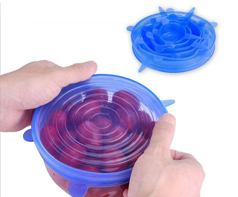 Flexible silicone food covers creating an airtight seal to keep food fresh