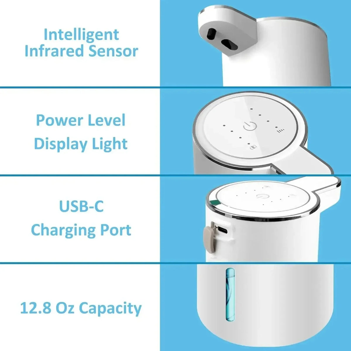 Infographic highlighting USB charging, 380ML capacity, 4 foam levels, and waterproof design.