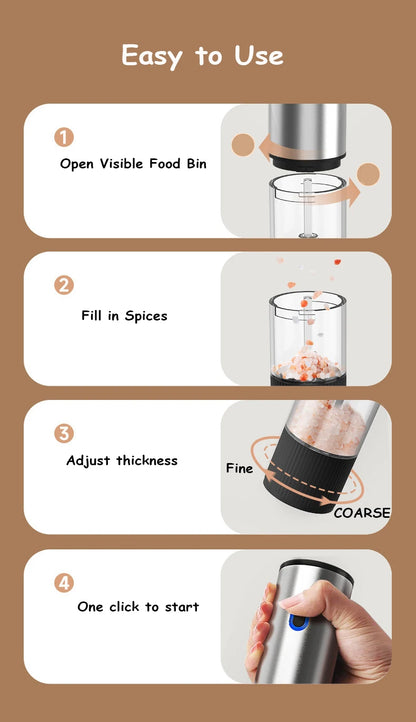 Rechargeable Electric Salt and Pepper Grinder Set – Automatic Pepper Mill with Adjustable Coarseness, USB Rechargeable Stainless Steel Spice Grinder