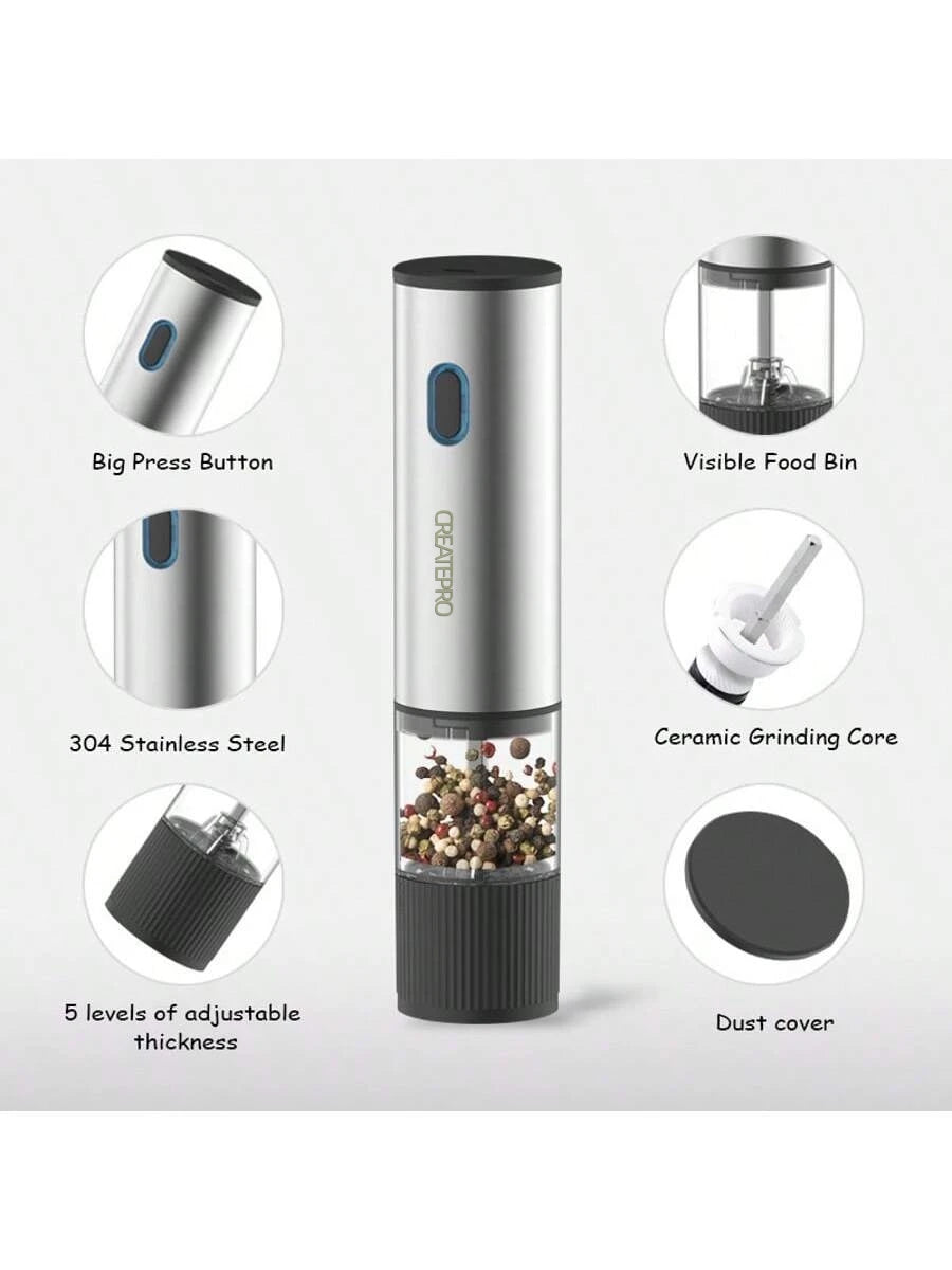 Rechargeable Electric Salt and Pepper Grinder Set – Automatic Pepper Mill with Adjustable Coarseness, USB Rechargeable Stainless Steel Spice Grinder