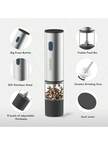 Rechargeable Electric Salt and Pepper Grinder Set – Automatic Pepper Mill with Adjustable Coarseness, USB Rechargeable Stainless Steel Spice Grinder