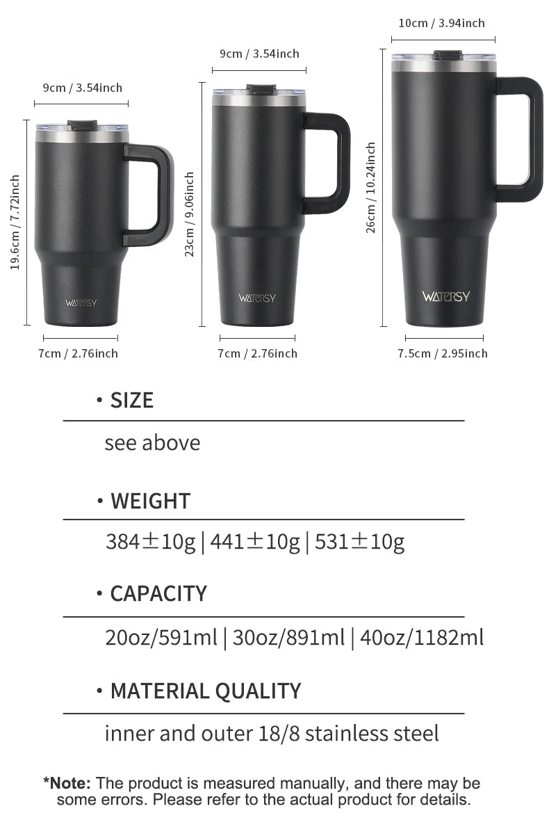 WATERSY 20oz/30oz/40oz Tumbler with Handle & Straw Large Capacity Insulated Cup, 304 Stainless Steel Vacuum Thermal Mug