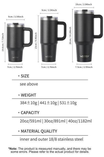 WATERSY 20oz/30oz/40oz Tumbler with Handle & Straw Large Capacity Insulated Cup, 304 Stainless Steel Vacuum Thermal Mug