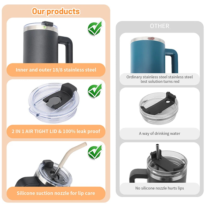 Insulated stainless steel tumbler with handle and reusable straw