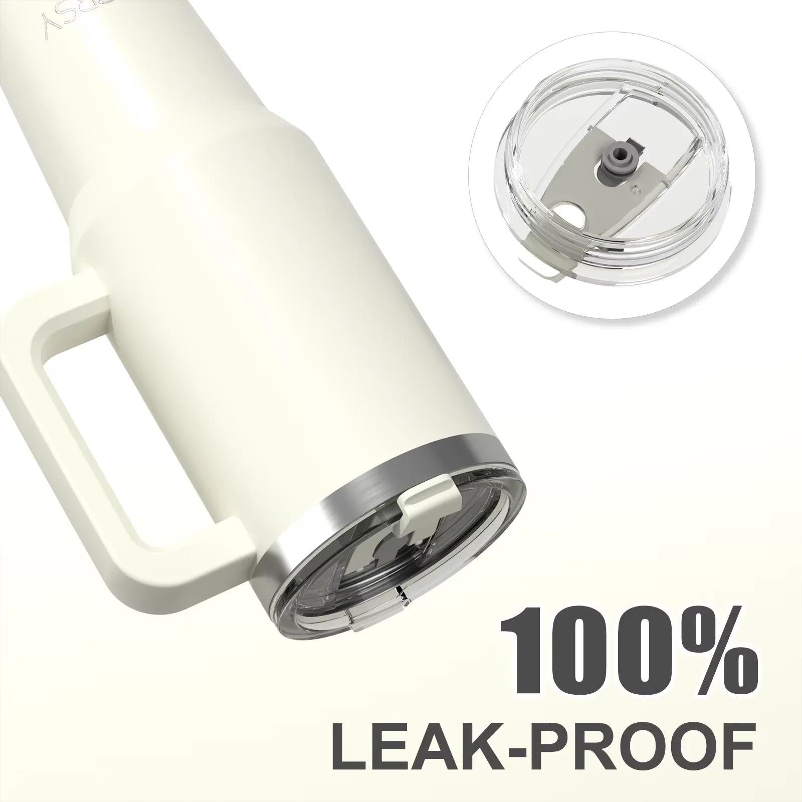 Vacuum-insulated stainless steel tumbler with handle and straw