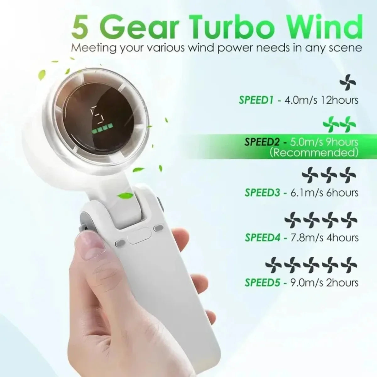Portable folding fan shown in handheld position