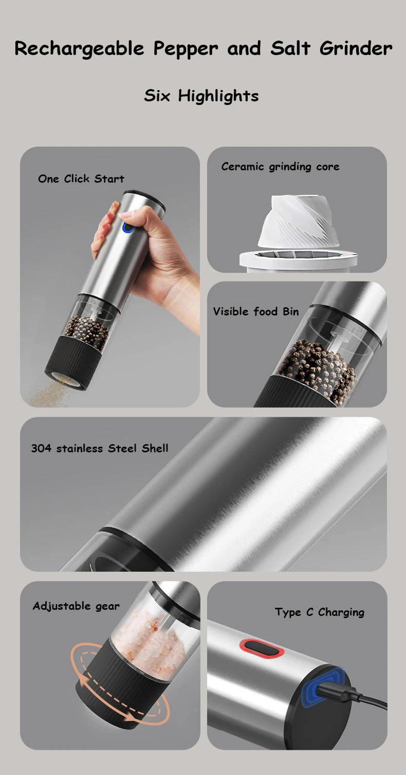 Rechargeable Electric Salt and Pepper Grinder Set – Automatic Pepper Mill with Adjustable Coarseness, USB Rechargeable Stainless Steel Spice Grinder