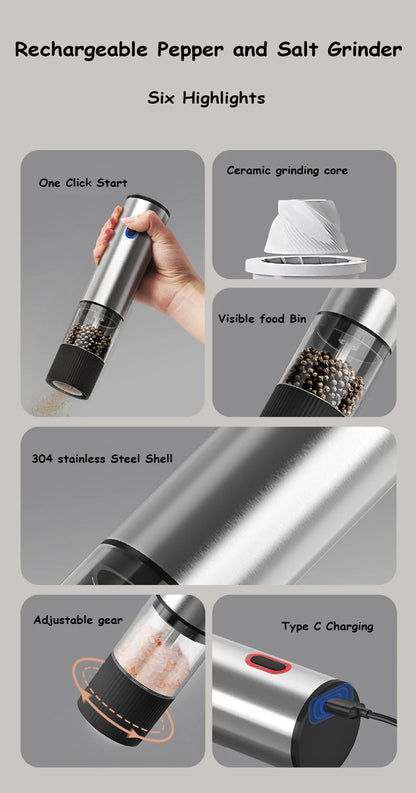 Rechargeable Electric Salt and Pepper Grinder Set – Automatic Pepper Mill with Adjustable Coarseness, USB Rechargeable Stainless Steel Spice Grinder