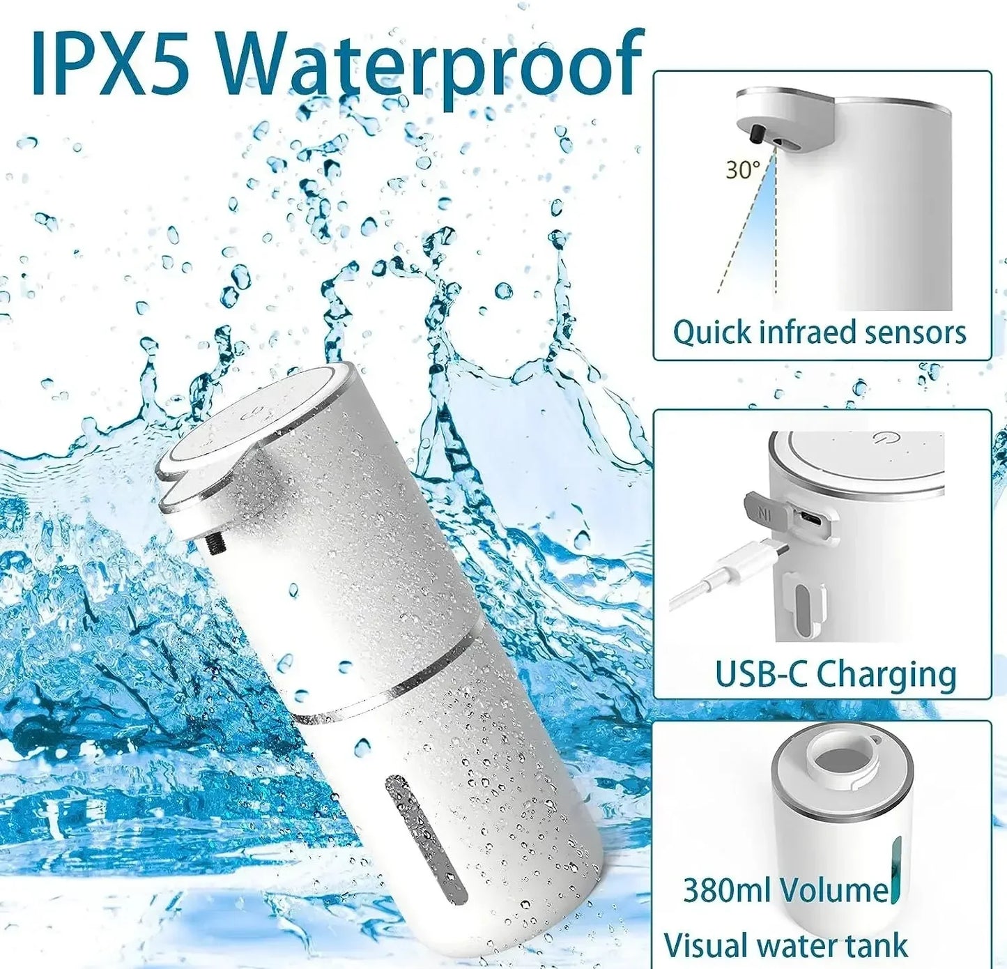 TouchFlow™ Automatic Foaming Soap Dispenser – USB Rechargeable Touchless Sensor, 380ML, 4 Adjustable Foam Levels