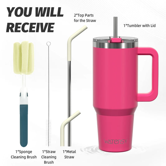 Vacuum-insulated stainless steel tumbler with handle, straw, and lid