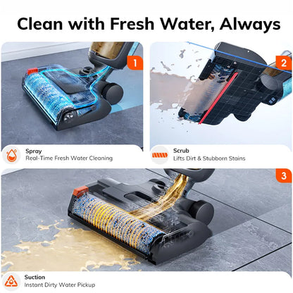 Smart floor washer with self-cleaning roller brush